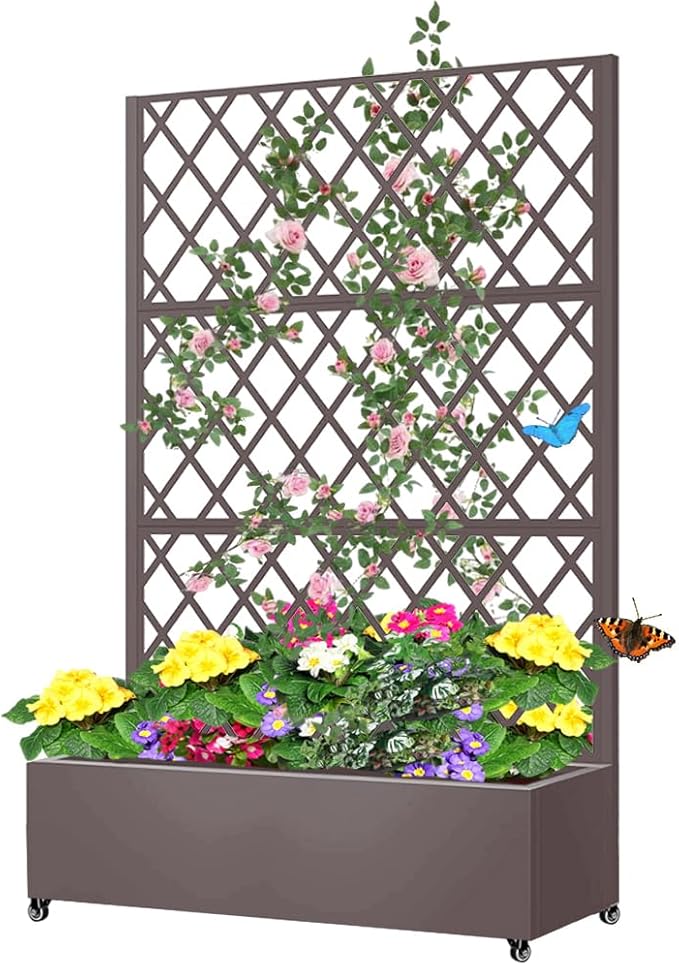 Metal Planter Box with Privacy Screen Trellis,Galvanized Raised Garden Bed On Wheels for Climbing Plants Vines, Standing Garden Flower Bed with Drainage Holes (Espresso, 47" L x16 W x 73" H)