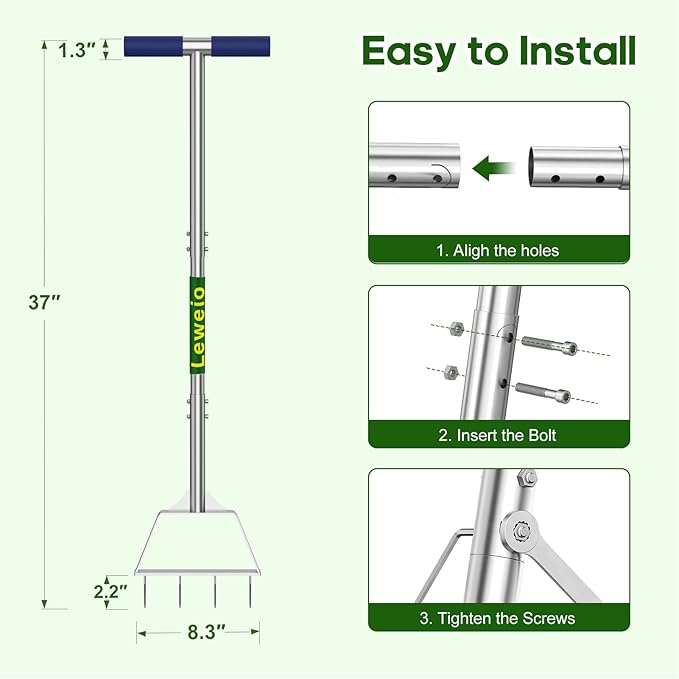 Manual Lawn Aerator Spike Tool, Semi-Assembled, Non-Clogging Spike Aerator with 4 Steel Spikes, Ergonomic Handle & Reinforced Welding for Compacted Soil Loosening & Yard Aeration - Green