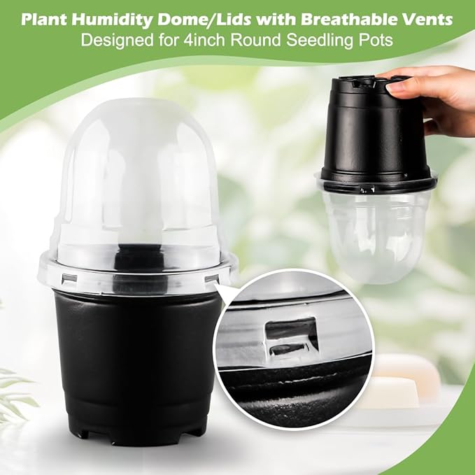 RooTrimmer Humidity Domes for 4 Inch Pots, 100 Pack Transparent Plant Dome Covers with Ventilation, Clear Nursery Pot Domes for Seed Starting, Seedling Germination, and Gardening