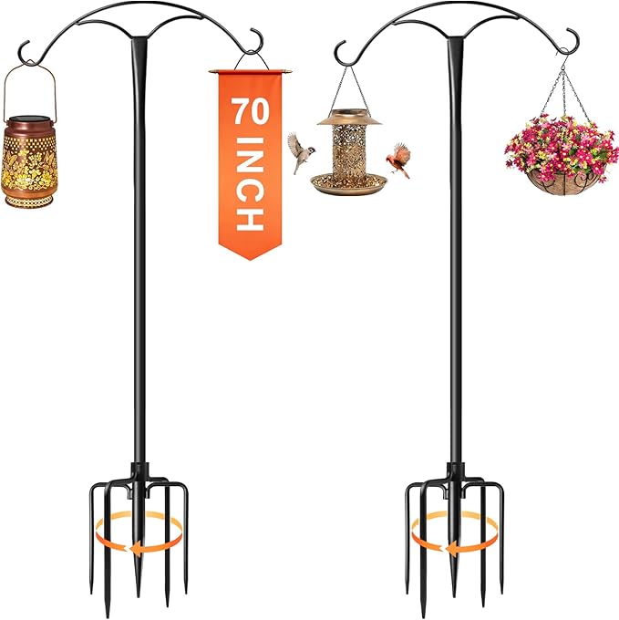 70 Inch Shepherds Hooks for Outdoor,Heavy Duty Shepherds Hooks for Outdoor with 5 Prong Base, Adjustable Stand Hanger for Garden Plant, Hummingbird Feeder, Lantern, Hanging Wedding Decor (2 Pack)