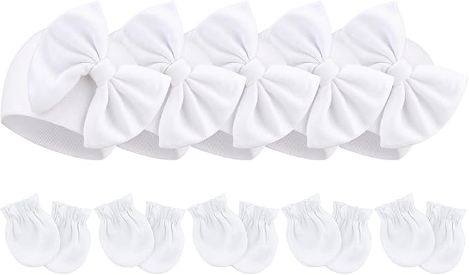 BQUBO Newborn Baby Girls Hats Mittens Set Hospital Hat Beanie Infant Bow Hats Baby Cotton Gloves for 0-6 Months