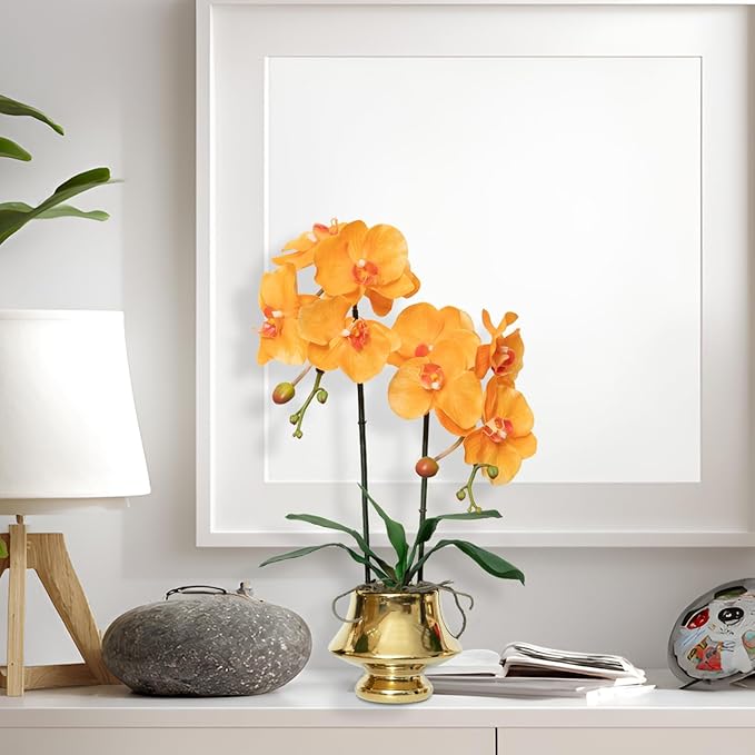 CXGS Orchids Artificial Flowers Realistic Fake Flowers in Ceramic Vase 20" Orange Faux Plants Indoor Lifelike Soft PU Phalaenopsis for Centerpiece Hotel Home Decor
