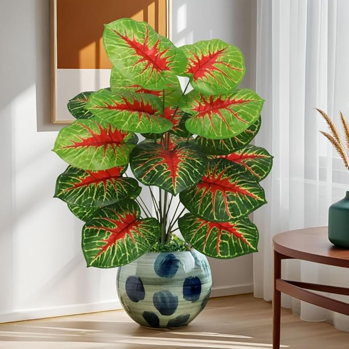 Artificial Caladium Plant with Red and Green Leaves, Red Leaf Artificial Plants Decoration Simulated Bonsai Potted Decor Home Room Party Wedding Office Floor(RedGreen(No Flowerpot), 75cm)