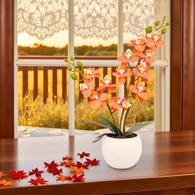 Artificial Orchid Orange Flower Potted in White Pot, Real Touch Faux Phalaenopsis Orchid for Wedding Home Office Party Decor