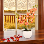 Artificial Orchid Orange Flower Potted in White Pot, Real Touch Faux Phalaenopsis Orchid for Wedding Home Office Party Decor