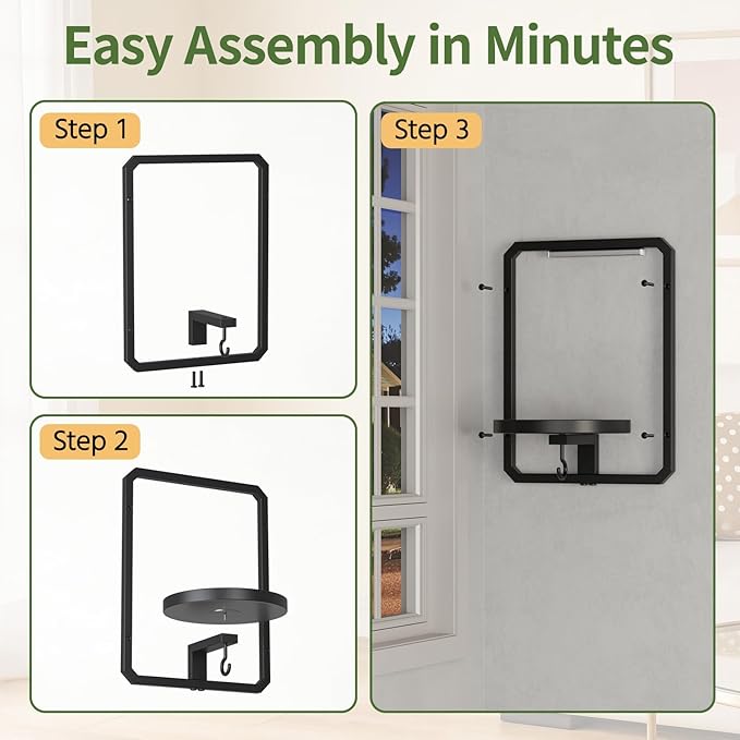 LASZOLA Plant Hangers Holder Wall Mount Indoor Window with 2 Grow Light, 2 Pack Floating Flower Stand Shelf with Hooks, Metal Picture Frame Hanging Planter Display Decor for Kitchen Bathroom, Black