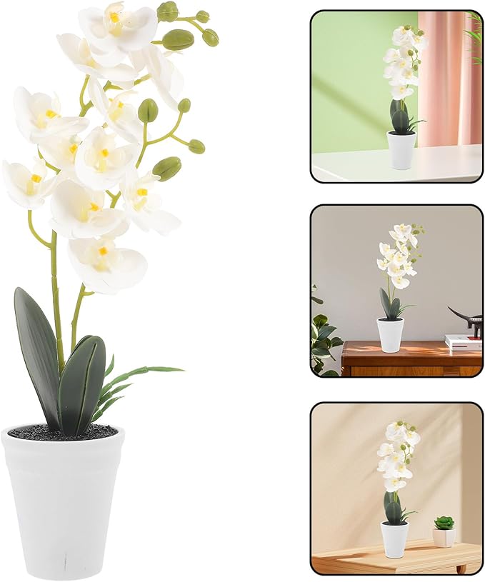 Tofficu Artificial Potted Plants Faux Phalaenopsis Bonsai White Simulation Orchid Indoor Home Decor Fake Plant Ornament for Living Room Office Desk Decoration