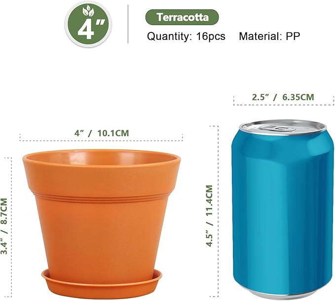 Meowell 4 inch Small Plastic Nursery Pots, 16 Pack Plant Pots for Indoor Outdoor Plants, Flower Pots with Drainage Holes and Saucers, Decorative Seedling Starter Planters for House Plants, Terracotta