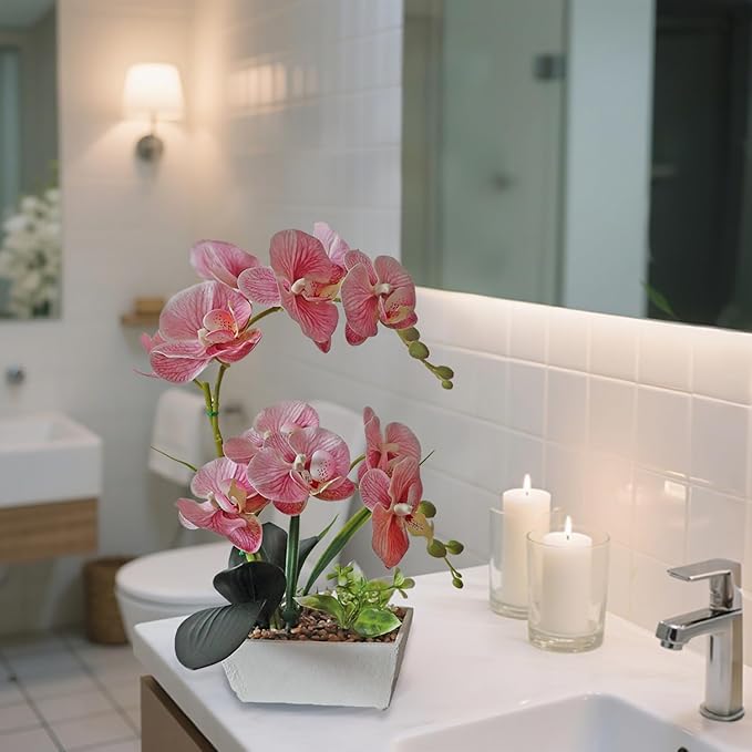 Pink Orchids Artificial Flowers Faux Orchid Plant Indoor Phalaenopsis Look Real With Pot Table Centerpieces Arrangement Lifelike Elegant Home Decor Dining Room Table Shelves Kitchen Decorative Flowers