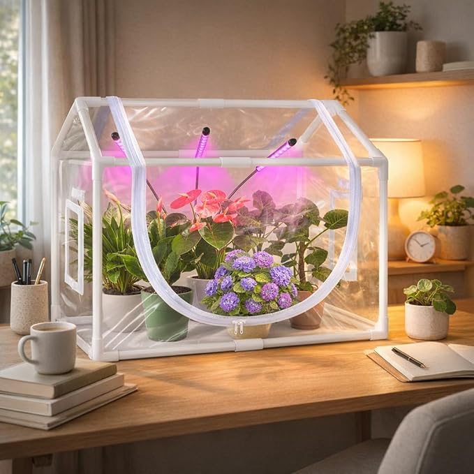 Indoor Mini Greenhouse with Grow Light, Tabletop Small Greenhouse for Beginners, All-in-One Tiny Plant Nursery Kit with Adjustable LED Light & Timer, Smart Grow Tent for Herbs, Gardening Gift