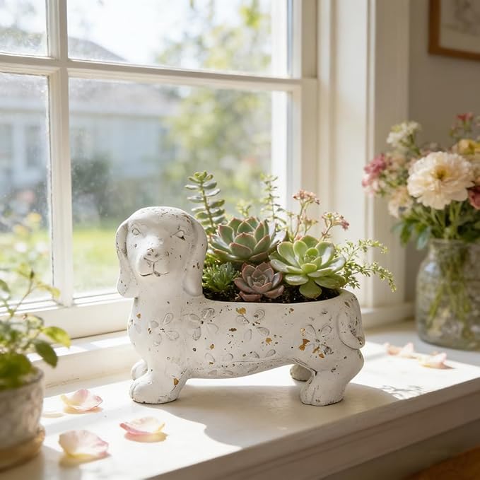 Vintage Cement Animal Planter Pots,Cement Succulent Planter,Indoor & Outdoor Garden Decor Rustic Shabby Flower Plants for Home,Patio,Balcony(White Dog)