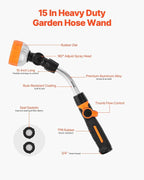 VEVOR Irrigation Stick, 15-Inch Robust Yard Hose Stick with 8 Spraying Modes & 180° Pivoting Head, Extended Hose Spray Apparatus with Thumb Operated On/Off