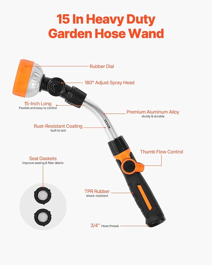 VEVOR Irrigation Stick, 15-Inch Robust Yard Hose Stick with 8 Spraying Modes & 180° Pivoting Head, Extended Hose Spray Apparatus with Thumb Operated On/Off