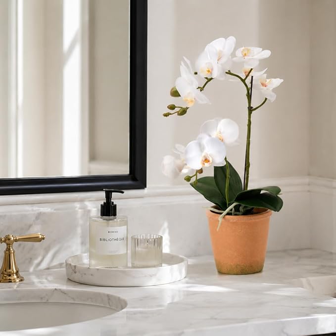 Avoeco Artificial Real Touch Orchid Plant – 15" Faux Phalaenopsis in Pot – Highly Realistic Silk Orchid Flower & Leaf Texture for Home, Office,Shop & Wedding Décor (1 White, 15“)