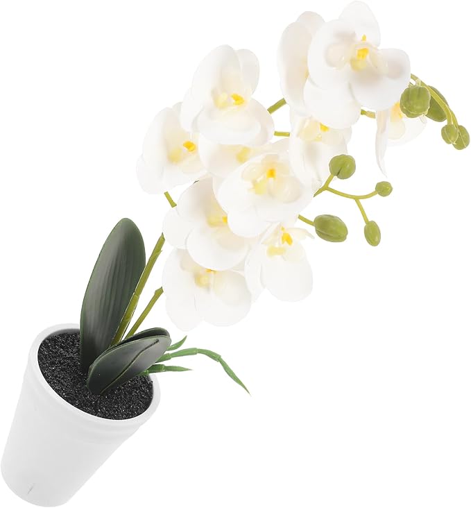 Uonlytech Artificial Potted Orchid Bonsai White Faux Flower Plant Indoor Home Decor Decorative Phalaenopsis Simulation Potted Plant for Living Room Office Table