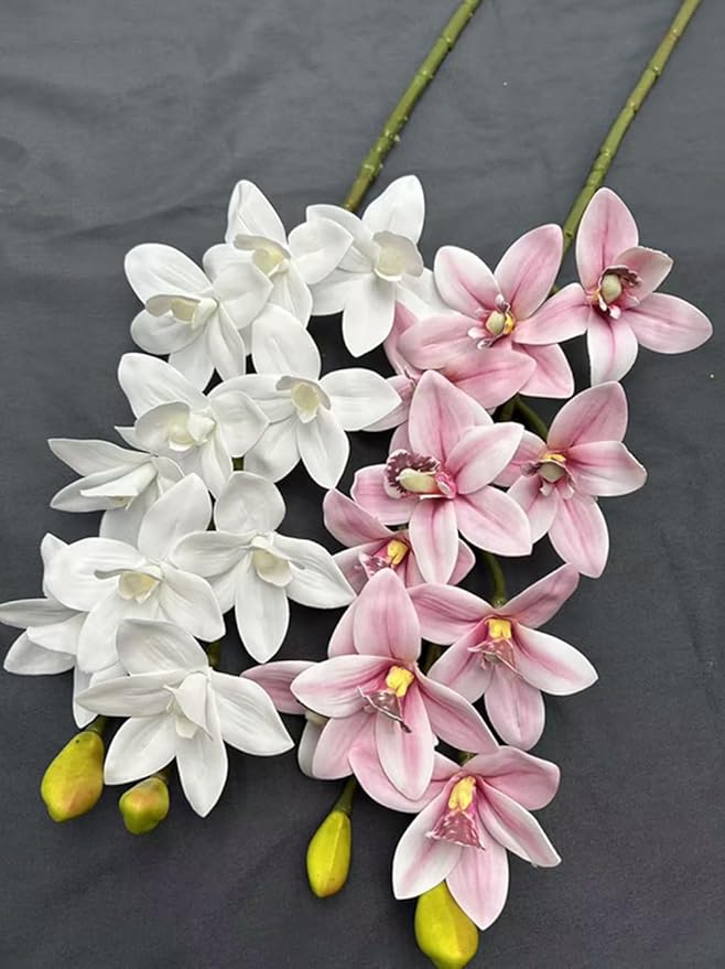 4pcs Artificial Cymbidium Orchid Flower Plant 3D Print Vanda 10 Heads Latex Phalaenopsis Flower (Pale Pink)