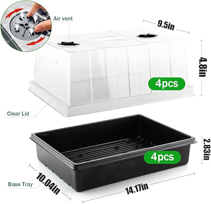 RooTrimmer 4-Pack Seed Starter Trays with 5'' Tall Humidity Domes – Reusable Plant Germination Kit for Microgreens, Herbs & Indoor Gardening | Clear Vented Lids, Fast Seedling Growth & Durable Design