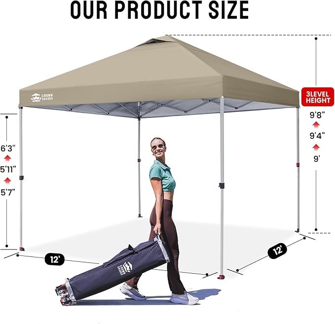 CROWN SHADES 12x12 Pop Up Canopy Outside Canopy, Patented One Push Tent Canopy with Wheeled Carry Bag, Bonus 8 Stakes and 4 Ropes, Beige