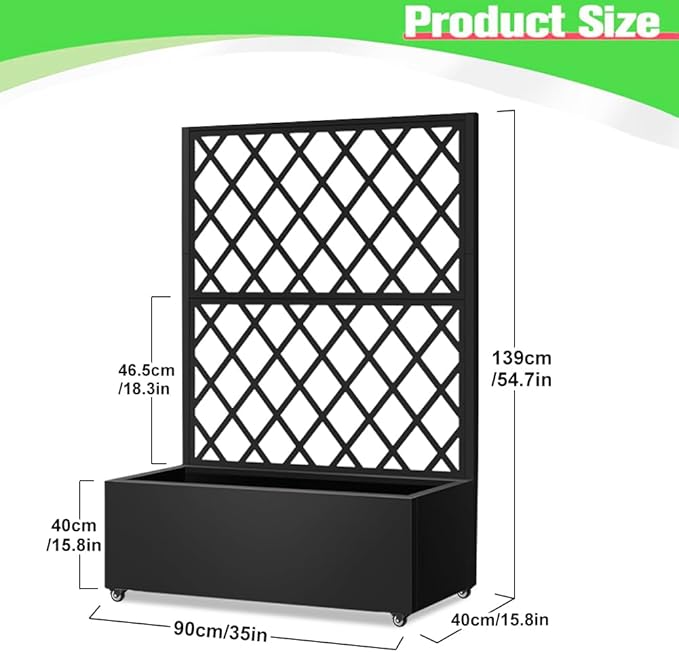 Metal Planter Box with Privacy Screen Trellis,Galvanized Raised Garden Bed On Wheels for Climbing Plants Vines, Standing Garden Flower Bed with Drainage Holes (Black, 35" L x16 W x 55" H)