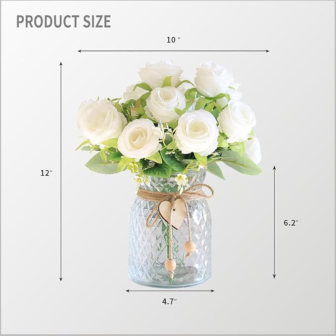 Faux Flowers in Vase, 18 Pcs Fake Rose Flowers, Artificial Flowers for Home Decor, Indoor Centerpiece for Living Room & Dining Table - White