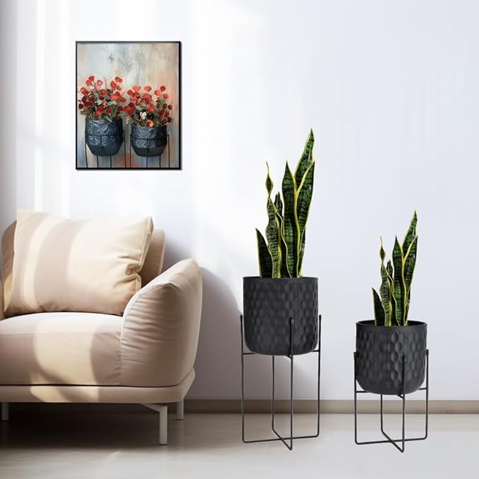 TRIROCKS Set of 2 Metal Planters with Stand, Small Indoor Plant Pots 8 * 18 &7 * 12" Modern Decorative Flower Pots for Living Room, Entryway, Office, Balcony(Black)