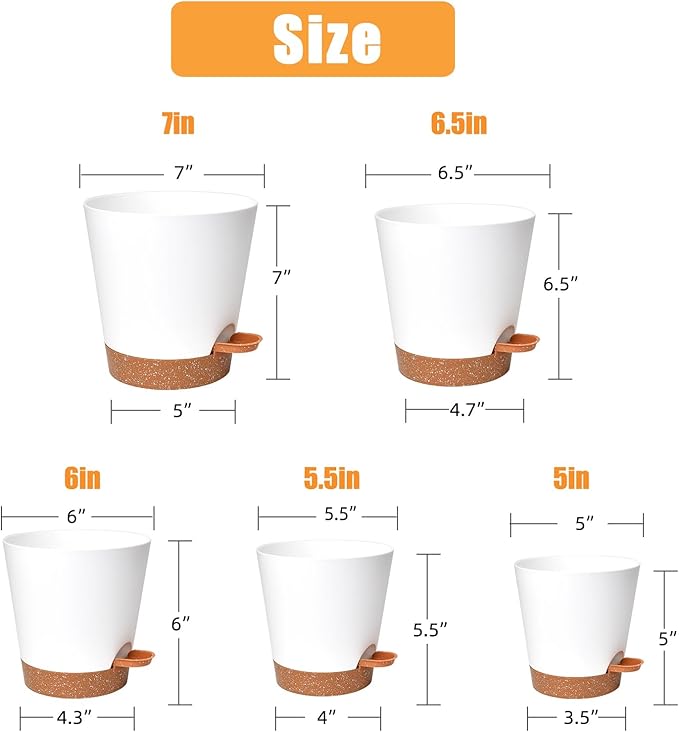 Vanslogreen Planters for Indoor Plants 7/6.5/6/5.5/5 Inch, Self Watering Planters with Drainage Holes and Saucers 5 Pack Plastic Pots for Plants, Succulents, Herbs, Cactus, Flower Pots, White