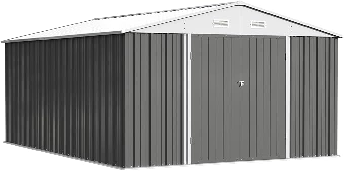Patiowell 10x14 FT Storage Shed, Outdoor Metal Steel Garden Shed with Lockable Door and Sloping Roof, Large Outside Utility Tool Sheds for Backyard Garden Patio, Gray