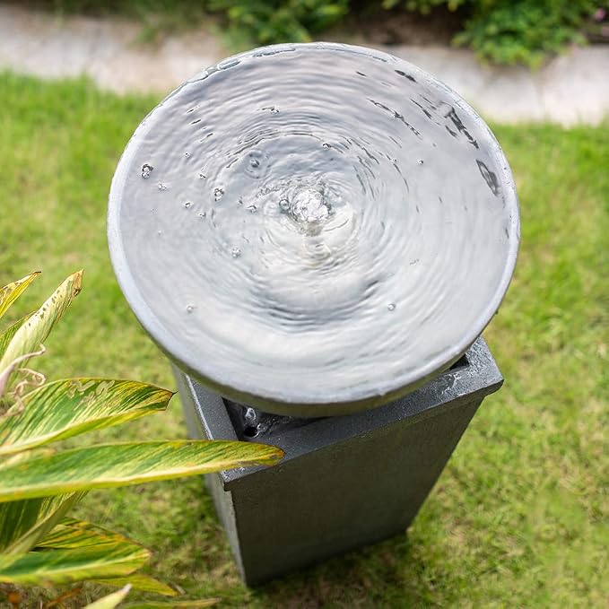 35.5" Polyresin Gray Zen Bowl Water Fountain, Outdoor Bird Bath and Pedestal Waterfall, Modern Minimalist Relaxing Water Feature for Garden, Lawn, Backyard & Porch