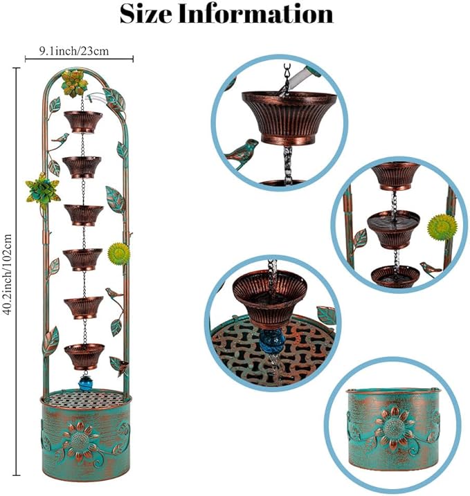 40" Vintage Metal Floor Water Fountain - Soothing Waterfall Outdoor Fountains with 6 Hanging Cups for Garden Patio Backyard Deck Decor, 1105 - Rusty Bronze Leaves