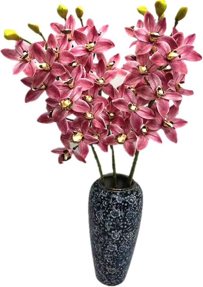 4pcs Artificial Cymbidium Orchid Flower Plant 3D Print Vanda 10 Heads Latex Phalaenopsis Flower (deep Pink 2)