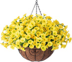 Artificial Fake Hanging Flowers Plants Baskets for Spring Outdoors Decor, Faux Silk Morning Glory in Planter UV Resistant Realistic Outside Flowers for Outdoor Porch Patio Balcony Yard Home, Yellow