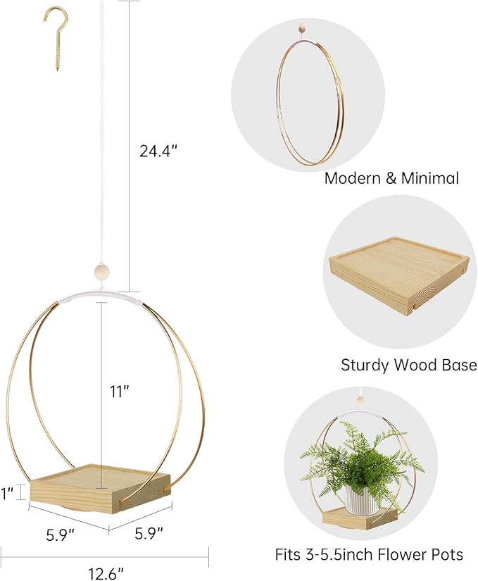 hismocal Hanging Planter for Indoor Plants, Plant Hanger with Sturdy Wood Base,Modern Boho Macrame Plant Hanger,Wall Ceiling Window Stands(Plants/Pots Not Included)