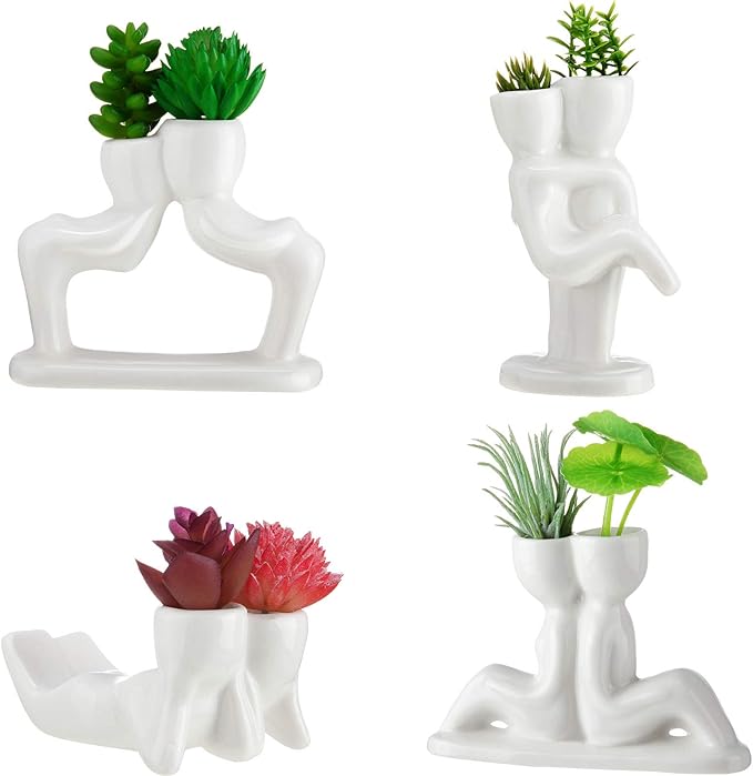 Potchen 4 Pieces Ceramic Air Planters Holder People Head White Cute Table Top Display for Air Plants Lovers DIY Decoration Home Office Holiday (Lovers Style)