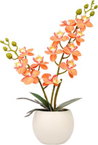 Artificial Orchid Orange Flower Potted in White Pot, Real Touch Faux Phalaenopsis Orchid for Wedding Home Office Party Decor