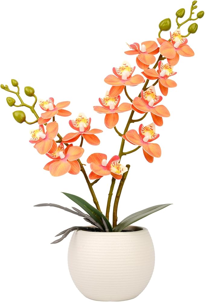 Artificial Orchid Orange Flower Potted in White Pot, Real Touch Faux Phalaenopsis Orchid for Wedding Home Office Party Decor