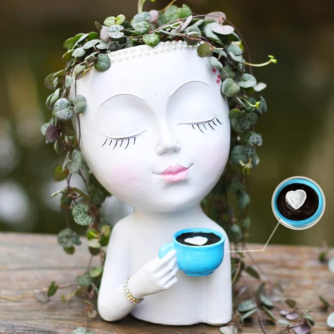 Face Planter Pot - Lady Face Flower Pot for Indoor & Outdoor Plants - Resin Succulent Planter with Drainage Hole, White