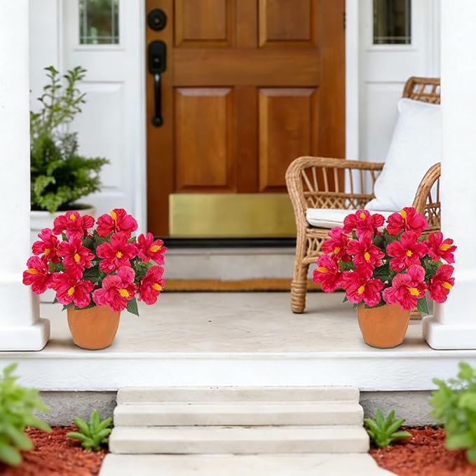 Briful Artificial Hibiscus Flowers in Pot, 14.1" Faux Tropical Flower Plant for Outdoor Porch, Potted Hot Pink Hibiscus Tabletop Decor for Living Room, Dining Table, Office, Indoor Home Décor