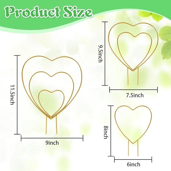 Hoya Trellis 3 Size Indoor Plants Flower Support Stakes Round or Heart Metal Trellis Set Garden Tool Accessories for Small Potted Vine Climbing Houseplants (GoldenH)