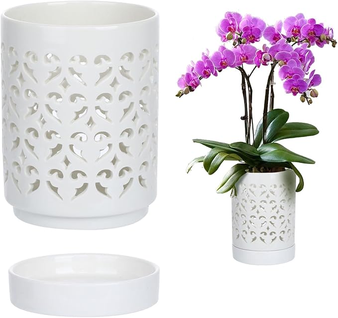 mwellewm Orchid Pot with Holes Ceramic Plant Pots Indoor Outdoor Flower Pots for Repotting with Drainage and Saucer 4 Inch Breathable Slotted Orchids Planter (White)