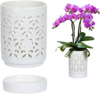 mwellewm Orchid Pot with Holes Ceramic Plant Pots Indoor Outdoor Flower Pots for Repotting with Drainage and Saucer 4 Inch Breathable Slotted Orchids Planter (White)