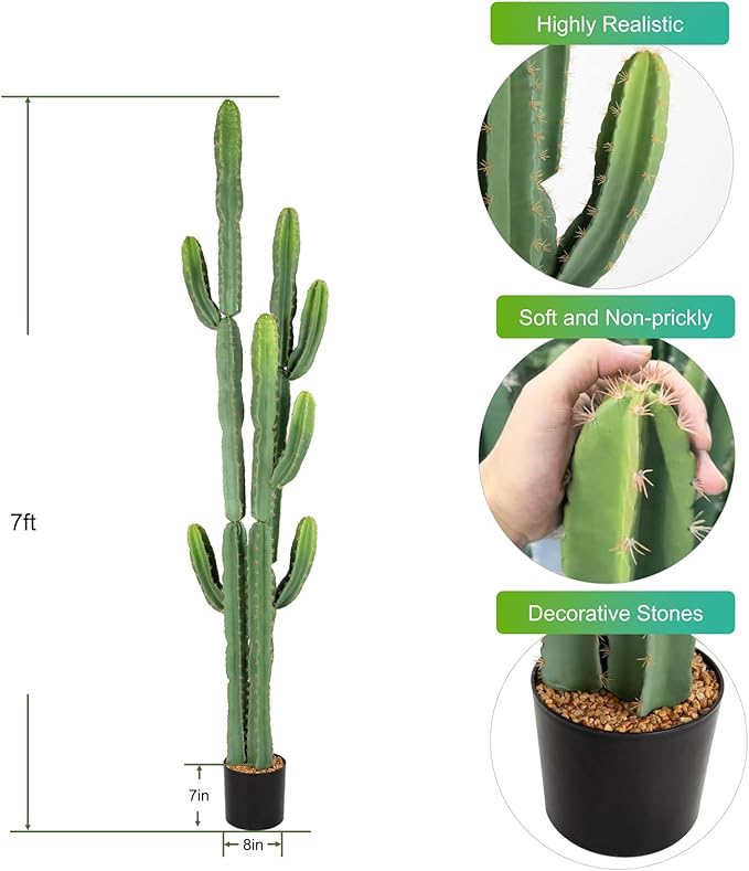Nafresh UV-Resistant Artificial Fake Cactus Plants 7ft – Large Faux Cowboy Cactus for Indoor & Outdoor Home, Office, or Garden Decor