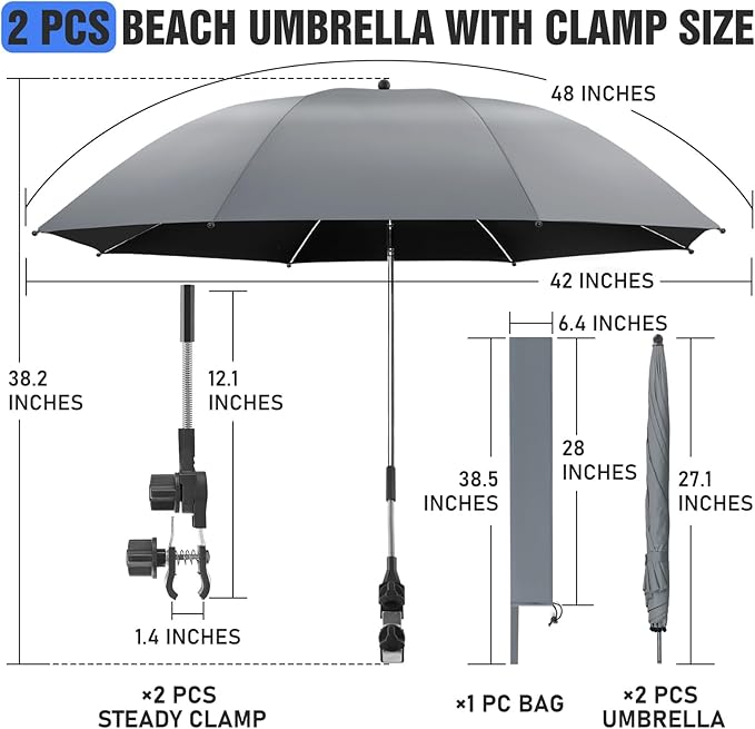 2 PACK Beach Umbrella with Clamp, 360 ° Adjustable Umbrellas for Chair, UPF50+ Umbrella for Beach Chair, Patio Chair, Wheelchair, Camping Chair, Golf Carts (Chair Not Included)
