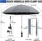 2 PACK Beach Umbrella with Clamp, 360 ° Adjustable Umbrellas for Chair, UPF50+ Umbrella for Beach Chair, Patio Chair, Wheelchair, Camping Chair, Golf Carts (Chair Not Included)