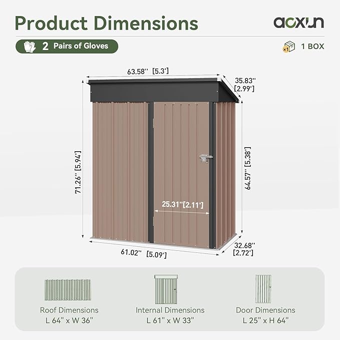 Aoxun 5’ x 2.9’ Shed Outdoor Storage Shed with Lockable Doors & Slooping Roof Metal Garden Tool Shed for Backyard, Patio, Poolside (Brown)