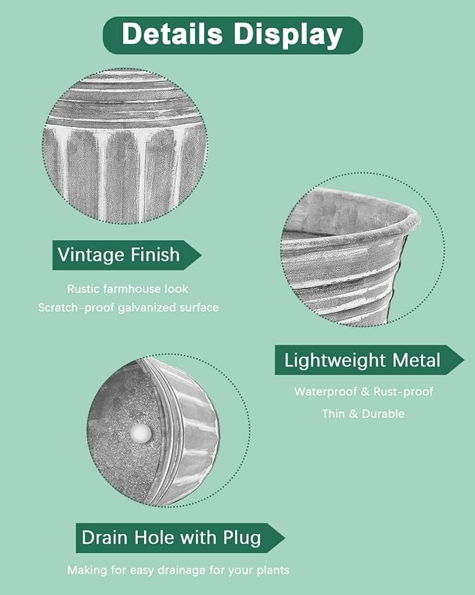 vensovo 9 Inches Silver Metal Rustic Plant Pots - 4 Pcs Large Shallow Galvanized Planters with Drain Hole and Rubber Plug, Rustproof Tin Bucket Succulent Pot Indoor Farmhouse Vintage Style for Decor