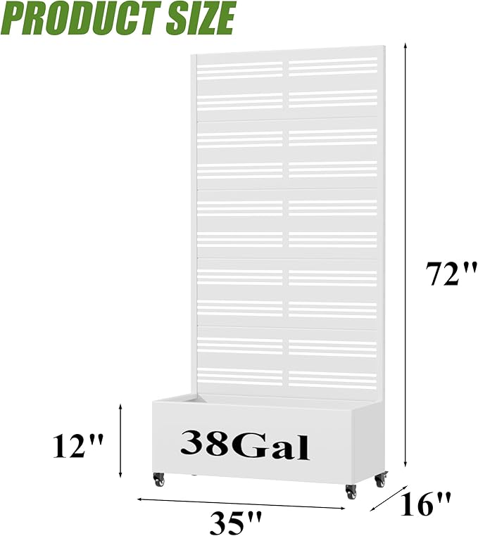 Casaphoria Metal Raised Garden Bed with Trellis and Wheels, 72"x35"x16" Planter Box for Climbing Plants, Vegetables & Vines, Features Drainage Holes and Privacy Screen, White-Harold