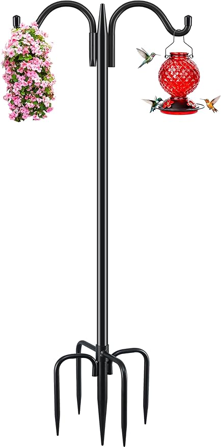 Gtongoko Double Shepherds Hook for Outdoor, 63 Inch Heavy Duty Bird Feeder Pole 5/8 Inch Thick Garden Hooks for Hanging Hummingbird Feeder, Plant Baskets, Solar Light Lanterns, 1 Pack