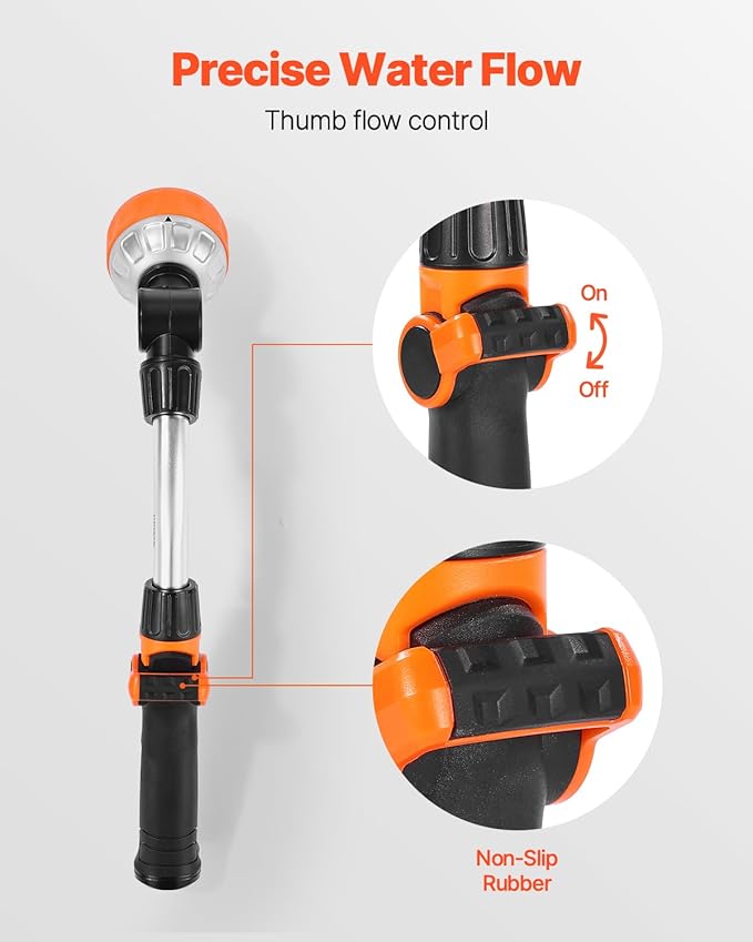 VEVOR Irrigation Stick, 15-Inch Robust Yard Hose Stick with 8 Spraying Modes & 180° Pivoting Head, Extended Hose Spray Apparatus with Thumb Operated On/Off