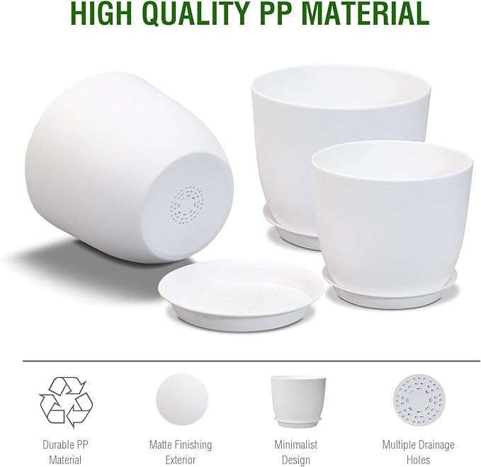 UOUZ 12/10/9 Large Plant Pots, Plastic Planters with Drainage Holes and Saucers for Indoor Outdoor Plants Flowers, White