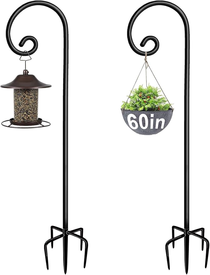 Artigarden Outdoor Shepherd Hooks 60 inch Tall for Bird Feeder (2 Packs), Adjustable Metal Garden Poles for Hanging Plants Solar Light Lantern, Bright Black